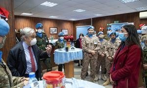 UN Secretary-General António Guterres speaking to Aya Farhat, field language assistant, in UNIFIL HQ in Lebanon.