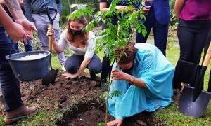 UN Deputy Secretary-General Amina Mohammed (right), visits the Parque de la Libertad in San José, and together with young environmentalists, plants a tree and inaugurates the UN Plaza as a symbol of the organization's commitment to the youth of Costa Rica and the world.