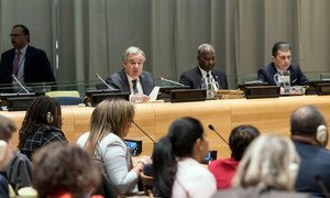 Secretary-General António Guterres (left) briefs the General Assembly meeting on his Priorities for 2020 and the Work of the Organization.