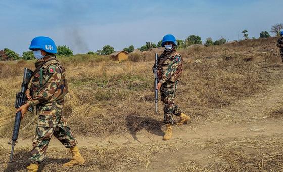 Blue helmets from the Nepalese Special Forces of MINUSCA on foot patrol in Boyo, Central African Republic