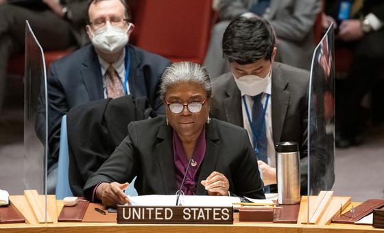 Ambassador Linda Thomas-Greenfield of the United States addresses the emergency Security Council meeting on Ukraine.