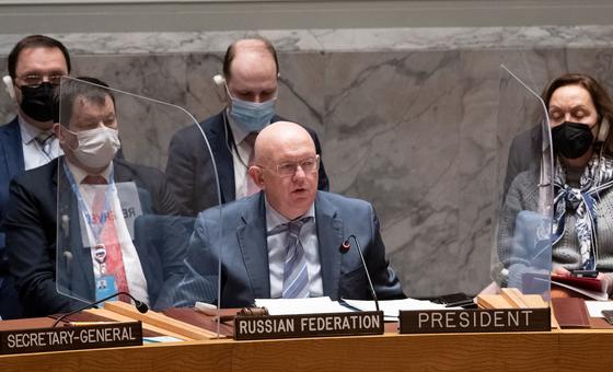 Ambassador Vassily Nebenzia (left) of the Russian Federation chairs the emergency Security Council meeting on Ukraine.