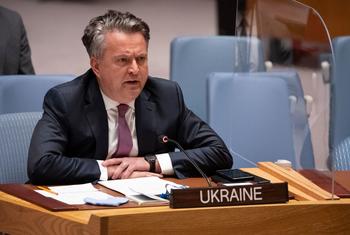 Ambassador Sergiy Kyslytsya of Ukraine addresses the emergency Security Council meeting on Ukraine.