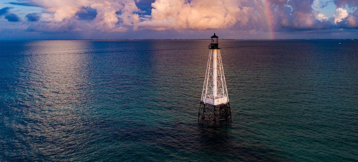 A lighthouse off the coast of Florida in the United States.