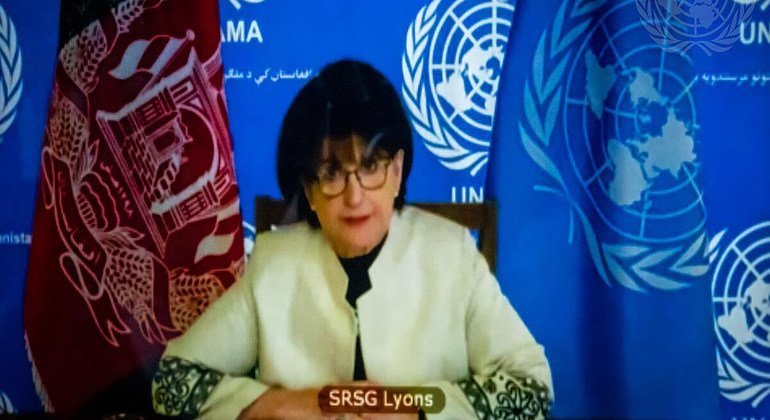 ممثلة الأمين العام الخاصة إلى أفغانستان، ديبورا ليونز، تلقي كلمة افتراضية أمام مجلس الأمن. (22 حزيران/يونيو 2021).