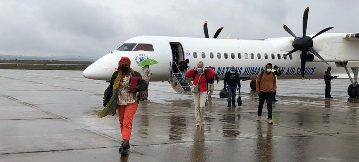 Aid workers arrive in Mekelle in the Ethiopian region of Tigray on the first humanitarian passenger flight there.  