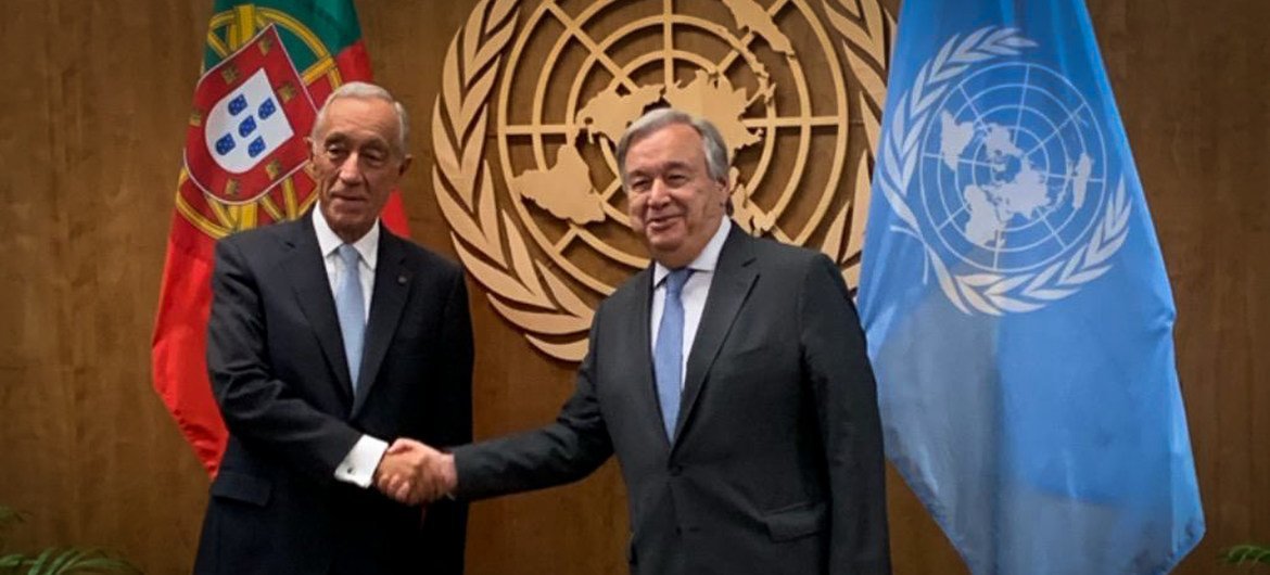 Secretário-geral da ONU, António Guterres, com o presidente de Portugal, Marcelo Rebelo de Sousa