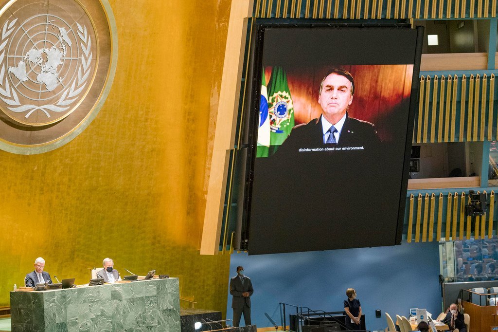 President Jair Messias Bolsonaro (on screen) of Brazil addresses the general debate of the General Assembly’s seventy-fifth session.