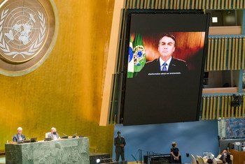 El presidente de Brasil, Jair Bolsonaro se dirige a la Asamblea General en un mensaje en vídeo.