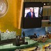 Le Président américain Donald Trump (sur l'écran) prononce un discours lors du débat général de la 75e session de l'Assemblée générale des Nations Unies.