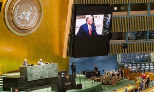 Президент США Д.Трамп обращается к делегатам Генассамблеи по видеосвязи.