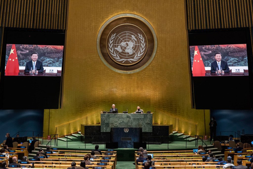 President Xi Jinping (on screen) of the People's Republic of China addresses the general debate of the General Assembly’s seventy-fifth session.