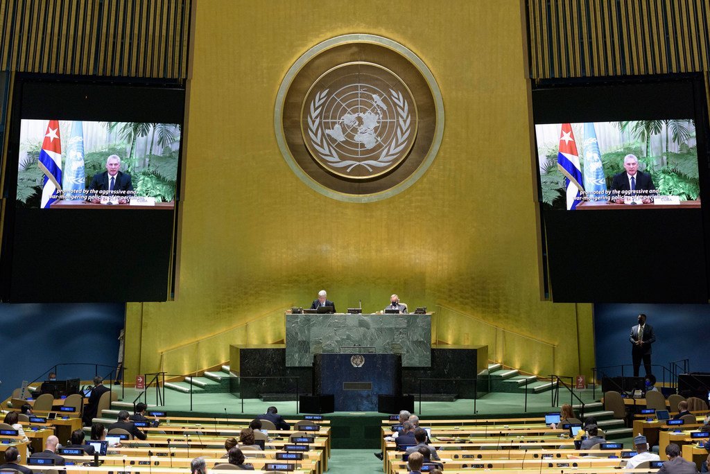 President Miguel Díaz Canel Bermúdez (on screen) of Cuba addresses the general debate of the General Assembly’s seventy-fifth session.