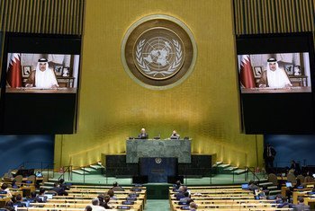 His Highness Sheikh Tamim bin Hamad Al-Thani (on screen), Emir of the State of Qatar, addresses the general debate of the General Assembly’s seventy-fifth session.