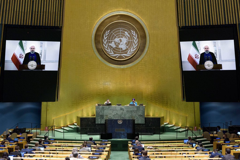 President Hassan Rouhani (on screen) of the Islamic Republic of Iran addresses the general debate of the General Assembly’s seventy-fifth session.