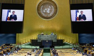 法国总统马克龙在联合国大会第75届会议上发表视频讲话。