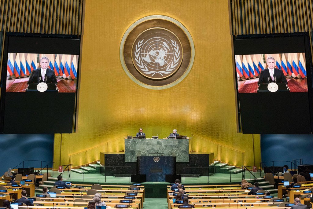 President Iván Duque Márquez  (on screen) of Colombia addresses the general debate of the General Assembly’s seventy-fifth session.