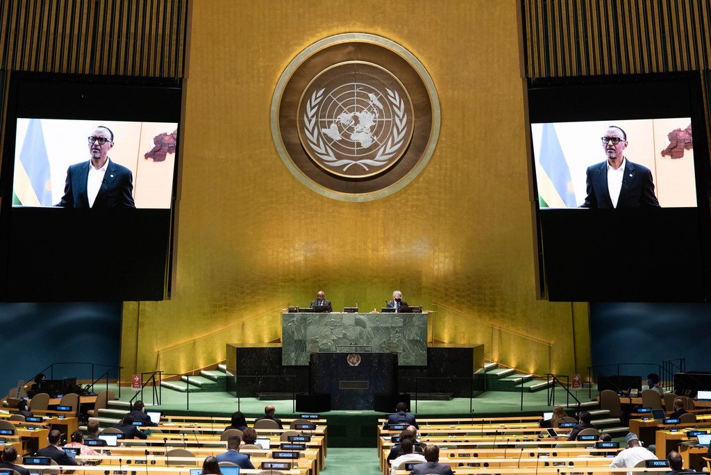 President Paul Kagame (on screen) of Rwanda addresses the general debate of the General Assembly’s seventy-fifth session.