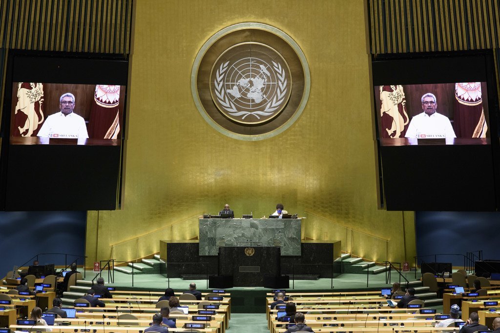 President Gotabaya Rajapaksa (on screen) of Sri Lanka addresses the general debate of the General Assembly’s seventy-fifth session