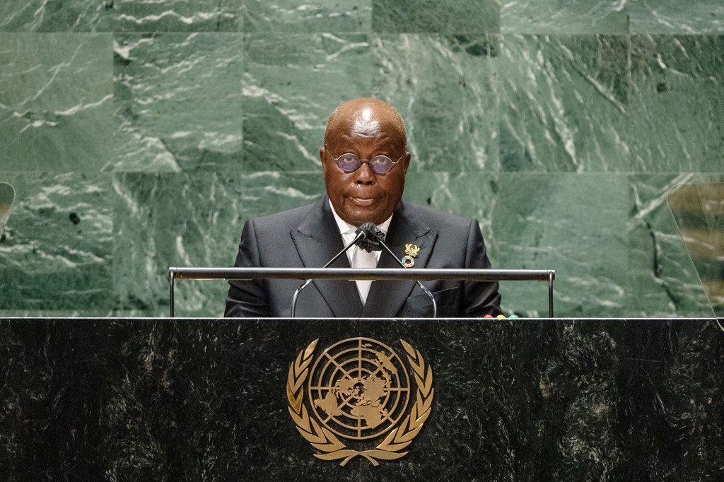 Rais Nana Addo Dankwa Akufo-Addo wa Ghana akihutubia mjadala mkuu wa mkutano wa 76 wa Baraza Kuu la UN New York, Marekani