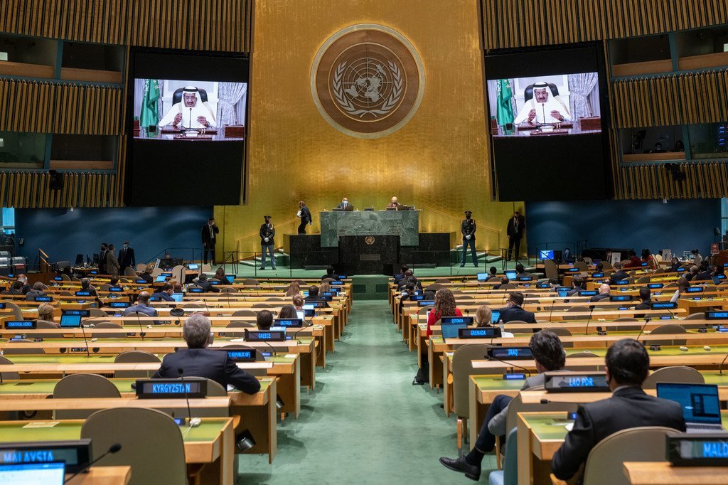 沙特阿拉伯国王萨勒曼在联合国大会第76届会议上发表视频讲话。