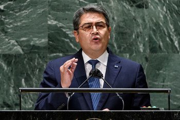 El presidente de Honduras, Juan Orlando Hernández Alvarado, interviene en el debate general de la 76ª sesión de la Asamblea General de la ONU.