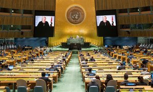 Prime Minister Erna Solberg (on screens) of Norway addresses the general debate of the UN General Assembly’s 76th session.