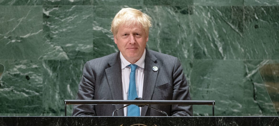 Le Premier ministre Boris Johnson du Royaume-Uni de Grande-Bretagne et d'Irlande du Nord prend la parole lors du débat général de la 76eme session de l'Assemblée générale des Nations Unies.