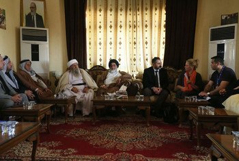 Special Representative and head of the UN Assistance Mission in Iraq Jeanine Hennis-Plasschaert meeting Baba Sheikh, the Yezidi Supreme Spiritual Leader and member of the Yezidi Spiritual Council, and other Council members in Shekhan, Iraq.