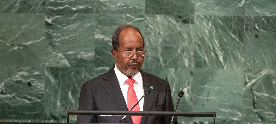 الرئيس الصومالي حسن شيخ محمود، يلقي كلمة في المناقشة العامة للدورة السابعة والسبعين للجمعية العامة.