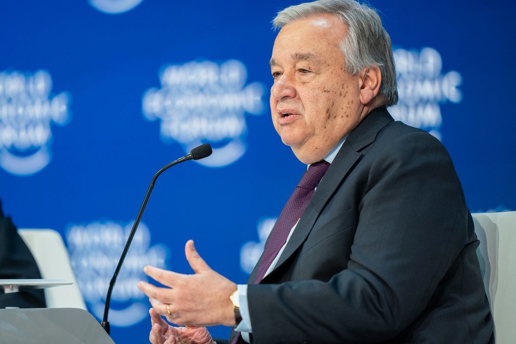 Le Secrétaire général de l'ONU, António Guterres, au Forum économique mondial à Davos.