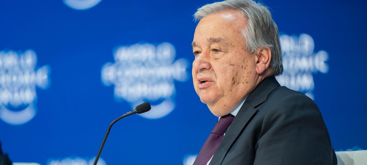 UN Secretary-General António Guterres addresses the World Economic Forum Annual Meeting 2020 in Davos-Klosters, Switzerland. 