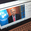 The UN Secretary-General António Guterres appeals for a global ceasefire in a virtual press conference broadcast on UN Web TV.