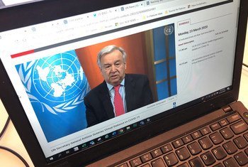 The UN Secretary-General António Guterres appeals for a global ceasefire in a virtual press conference broadcast on UN Web TV.