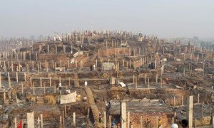 A panoramic photograph of the destruction by the fire that tore through the Kutupalong refugee camp in Cox’s Bazar, Bangladesh.