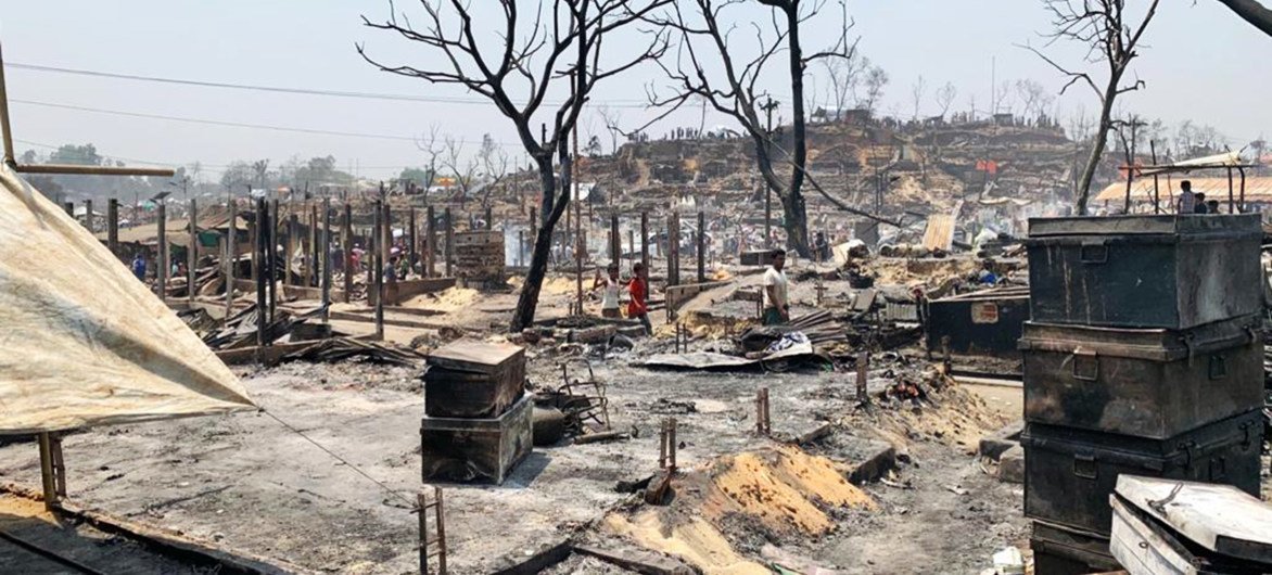 Charred remains of shelters and belongings of Rohingya refugees after a devastating fire tore through the Kutupalong refugee camp on 22 March.