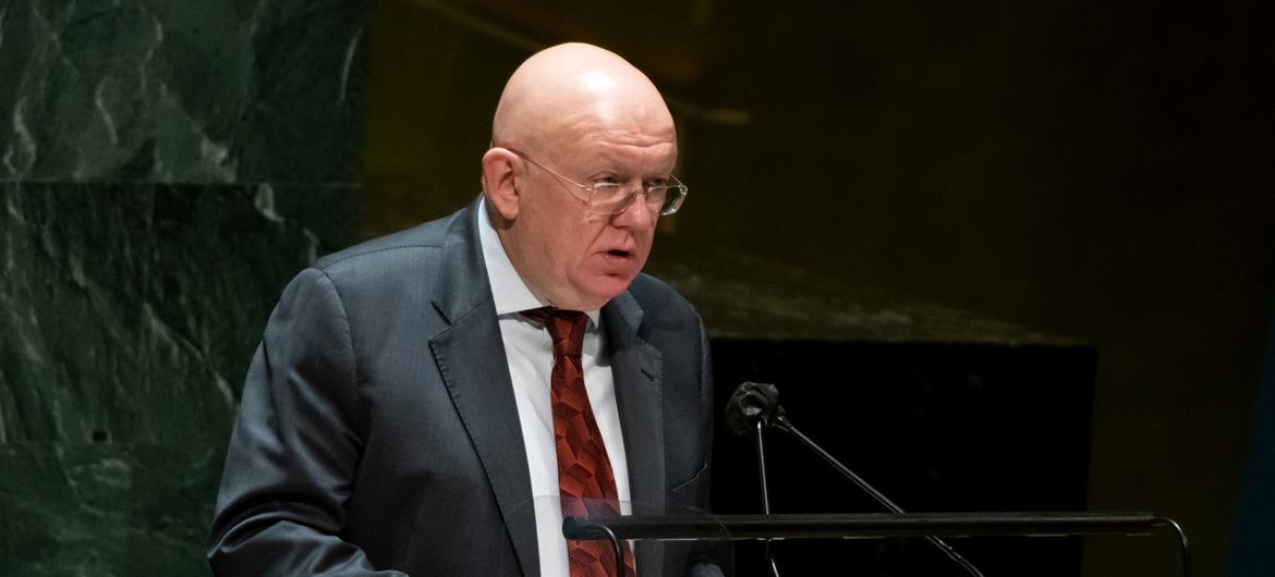 俄罗斯联邦常驻联合国代表涅边贾在联合国大会乌克兰问题紧急特别会议上发言。