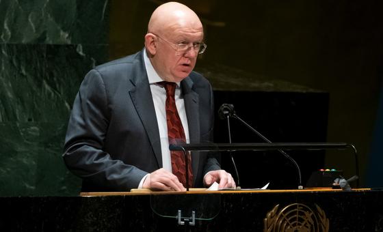 Vassily Nebenzia, Permanent Representative of the Russian Federation to the UN, addresses the UN General Assembly Emergency Special Session on Ukraine.
