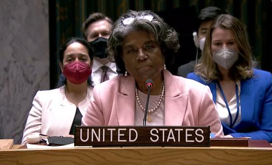 US ambassador Linda Thomas-Greenfield addresses the Security Council.