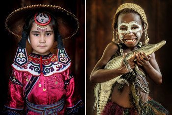 Girls (left to right) from Siberia, Russia, East Sepik, Guatemala and El Quiché, Guatemala proudly display their traditional dress.