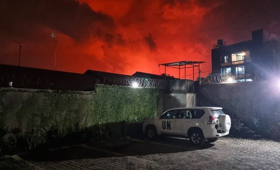 The sky turns red over the UN compound in Goma in the eastern Democratic Republic of the Congo following the eruption of the Mount Nyiragongo volcano.