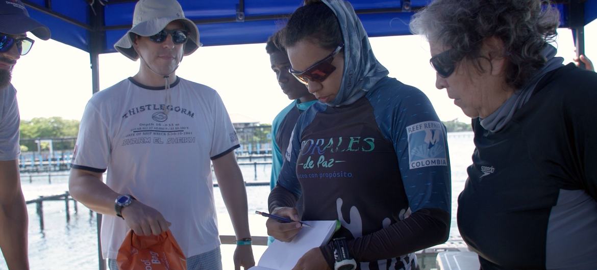 Elvira, divers and volunteers plan how to build a coral nursery underwater in Oceanario Islas del Rosario.