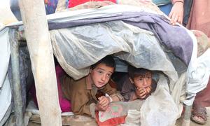 Niños refugiados y durmiendo bajo sábanas de plástico después de que un terremoto de 5,9 grados de magnitud sacudiera la provincia de Paktika, en Afganistán.