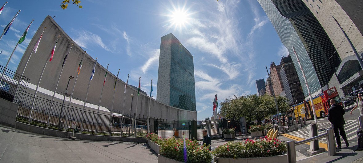 The United Nations General Assembly and Secretariat buildings at  UN headquarters. 