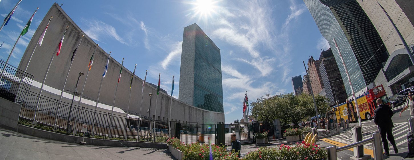The United Nations General Assembly and Secretariat buildings at  UN headquarters. 