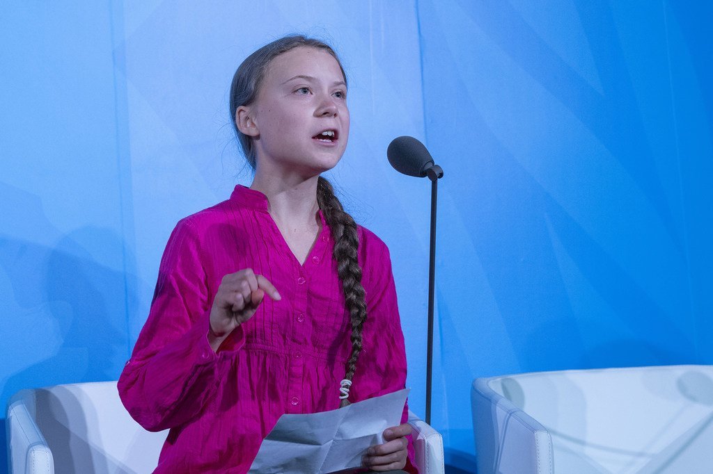 瑞典气候活动家格蕾塔·桑伯格在2019年联合国气候行动峰会开幕式上发言。