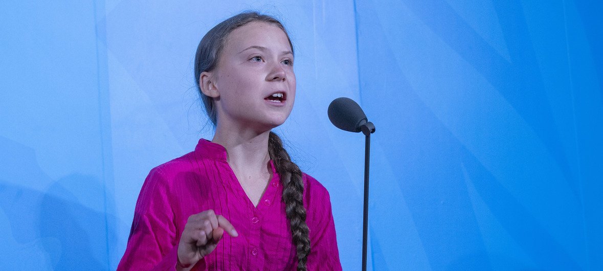 Mwanaharakati wa mazingira kutoka Sweden, Greta Thunberg akizungumza wakati wa kongamano la hatua dhidi ya mabadiliko ya tabianchi mwaka 2019.