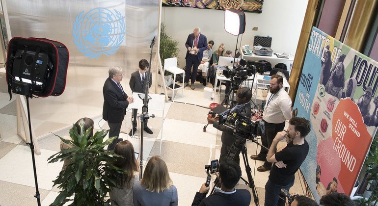 Secretary-General António Guterres participates with Aidan Gallagher in an Instagram live moment at the United Nations ahead of the Climate Action Summit on Monday 23 September 2019.