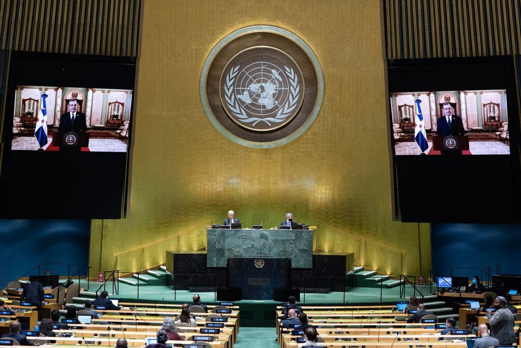 President  Luis Rodolfo Abinader, (on screen) of the Dominican republic addresses the general debate of the General Assembly’s seventy-fifth session.