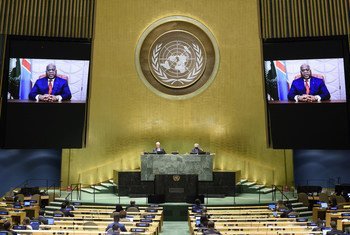President Félix Antoine Tshilombo Tshisekedi (on screen) of Democratic Republic of the Congo addresses the general debate of the General Assembly’s seventy-fifth session.